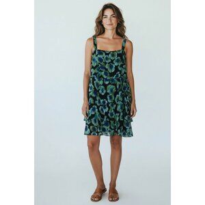Dressbarn Green Blue Ikat Watercolor Floral Chiffon Tiered Midi Dress Size 22W